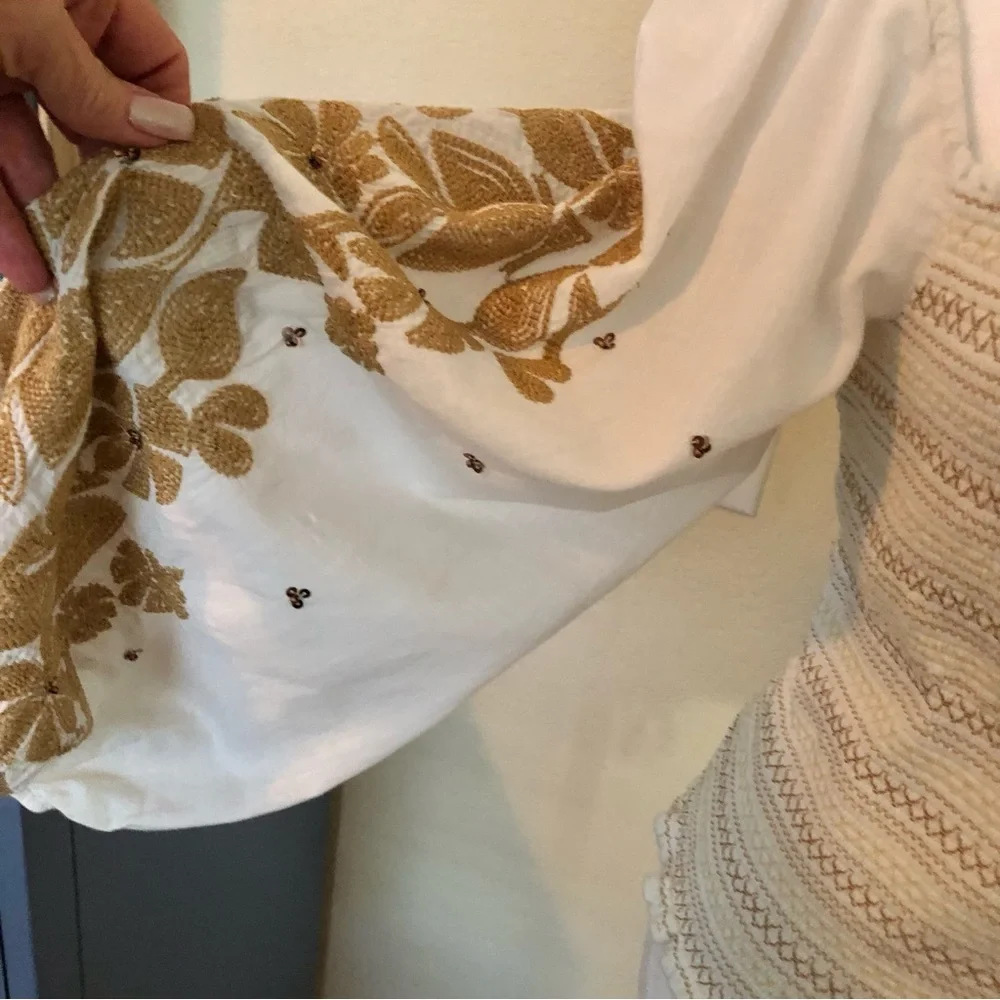Anthropologie Cream and Brown Embroidered Blouse w/Embellishments Throughout